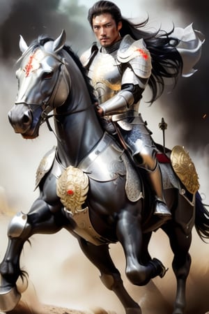 A Hero in silver armor, sword and shield riding black war horse to battlefield. His comrades follow behind him, dust smoke. 