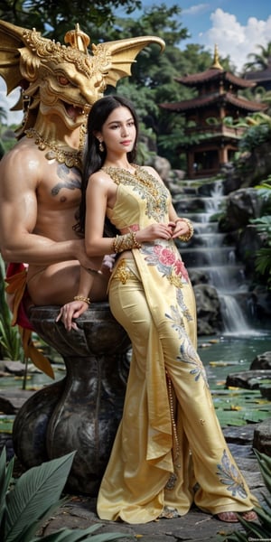 A breathtakingly vivid oil painting portraying a person exquisitely adorned in intricate traditional attire. This captivating individual, gracefully holding a delicate lotus flower, exudes an air of tranquility and wisdom. The meticulously crafted golden dragon, elegantly intertwined with the figure, adds a touch of majestic awe. Every brushstroke is orchestrated with masterful precision, enhancing the image's remarkable quality.