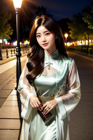Photorealistic portrait of a 27-year-old Vietnamese girl with long white wave hair.She has dark chocolate brown eyes.She is natural. She should have a lot freckles on her face. She is natural and ultrarealistic and hiper-realistic.very hermosa model. it is nighttime. . she shows her ao dai dress . hyper-realistic image. she is wearing non la. she is holding an iphone in her left hand. she is not looking towards the camera. she is looking to the left. the photograph does not show her in close-up. she is walking along a park. it is nighttime. ultra-realistic.she is laughing
