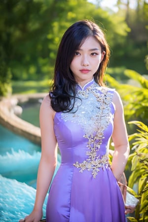 A stunning 8k super high quality photograph captures the essence of a mesmerizing Vietnamese girl, age 21, with striking shoulder-length silver-purple hair. Her allure is enhanced by a moderate chest and she is adorned in an exquisitely embroidered, royal-like ao dai, featuring a resplendent golden phoenix design. This visually captivating image engulfs viewers with its breathtaking attention to detail and flawless composition.