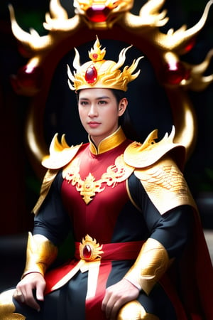 A Vietnamese King, dragon gold crown with a big red ruby stone in the middle of crown, Amor Suit in Gold, Sitting at his chair. Red Cartpet, 2 knight bodyguard. 