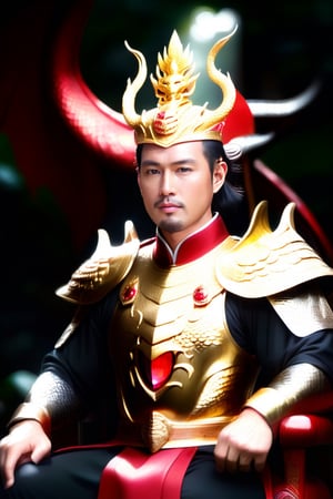 A Vietnamese King, dragon gold crown with a big red ruby stone in the middle of crown, Amor Suit in Gold, big long axe beside, Sitting at his thousand sword king chair. Red Cartpet, 2 knight bodyguard. 