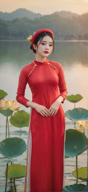 masterpiece, top quality, best quality, official art, beautiful and aesthetic:, Sexy Vietnamese Idol 18 year woman, red ao dai with golden lotus pattern, full_body,fully_clothed,background lake with full of lotus, many audience , many photographer,ultra-high quality, photorealistic, sky background, dynamic pose, icemagicAI