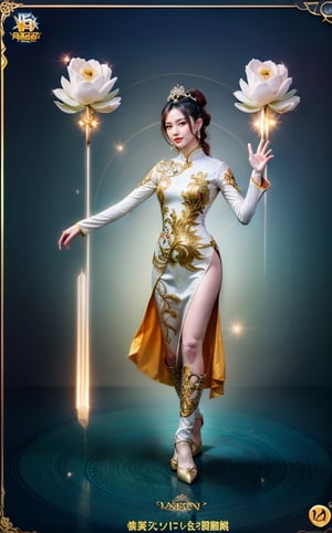 masterpiece, top quality, best quality, official art, beautiful and aesthetic:, Sexy Vietnamese Idol 18 year woman, red ao dai with golden lotus pattern, full_body,fully_clothed,background lake with full of lotus, many audience , many photographer,ultra-high quality, photorealistic, sky background, dynamic pose, icemagicAI
