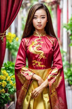 A stunning portrait of an 18-year-old beautiful Vietnamese girl,cute face is depicted in this radiant work of art. The girl possesses remarkable beauty, with a captivating face and captivating eyes that radiate light, further enhanced by studio lighting. She is adorned in a black ao dai, elegantly showcasing a vibrant mix of red and yellow phoenix dragon patterns. This high-quality photograph beautifully captures every intricate detail, immersing the viewer in the enchanting charm of the young girl and the cultural significance of her outfit.