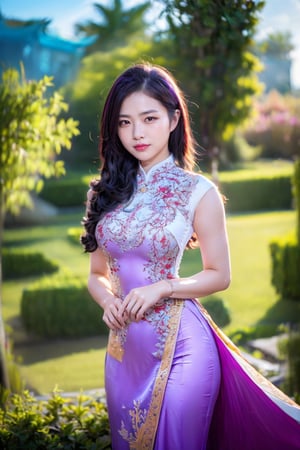 A stunning 8k super high quality photograph captures the essence of a mesmerizing Vietnamese girl, age 21, with striking shoulder-length silver-purple hair. Her allure is enhanced by a moderate chest and she is adorned in an exquisitely embroidered, royal-like ao dai, featuring a resplendent golden phoenix design. This visually captivating image engulfs viewers with its breathtaking attention to detail and flawless composition.