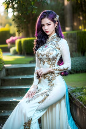 A stunning 8k super high quality photograph captures the essence of a mesmerizing Vietnamese girl, age 21, with striking shoulder-length silver-purple hair. Her allure is enhanced by a moderate chest and she is adorned in an exquisitely embroidered, royal-like ao dai, featuring a resplendent golden phoenix design. This visually captivating image engulfs viewers with its breathtaking attention to detail and flawless composition.