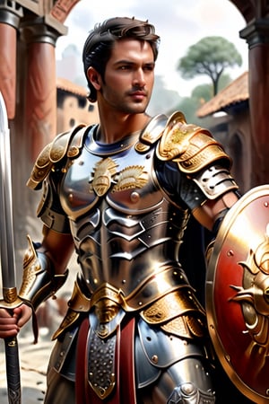 Incredibly detailed and lifelike, this fullbody portrait depicts a Roman Centurion 20 year,brandishing a sword and shield. The image, perhaps a hyper-realistic painting or photograph, showcases the warrior's immense strength and skill. Every element is meticulously rendered, from the intricate patterns on the warrior's armor to the weathered texture of the sword and shield. The artist's exceptional talent brings the entire scene to life, capturing the intensity and bravery of this historic figure.