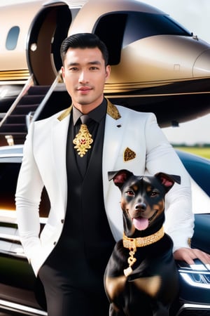 A handsome Vietnamese Businessmen,fullbody shot, black ao dai with ruby and diamond,private gold jet background, a gold dog pet, a luxury SUV.