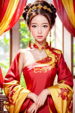 A stunning portrait of an 18-year-old beautiful Vietnamese girl,cute face is depicted in this radiant work of art. The girl possesses remarkable beauty, with a captivating face and captivating eyes that radiate light, further enhanced by studio lighting. She is adorned in a black ao dai, elegantly showcasing a vibrant mix of red and yellow phoenix dragon patterns. This high-quality photograph beautifully captures every intricate detail, immersing the viewer in the enchanting charm of the young girl and the cultural significance of her outfit.