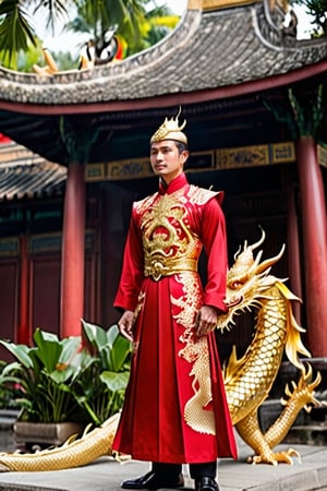 A dapper Vietnamese warrior stands tall, dressed in a regal dragon amor adorned with a mesmerizing gold dragon pattern. He confidently holds a luxurious red ruby big sword, exuding an air of sophistication. The dignified figure is framed against the backdrop of a serene pagoda, accompanied by a serene monk. This visually-stunning photograph captures the essence of opulence and cultural elegance, radiating an aura of superior craftsmanship and impeccable style.