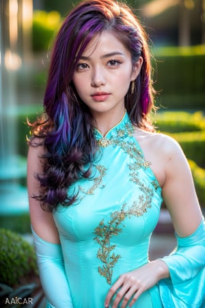 A stunning 8k super high quality photograph captures the essence of a mesmerizing Vietnamese girl, age 21, with striking shoulder-length silver-purple hair. Her allure is enhanced by a moderate chest and she is adorned in an exquisitely embroidered, royal-like ao dai, featuring a resplendent golden phoenix design. This visually captivating image engulfs viewers with its breathtaking attention to detail and flawless composition.