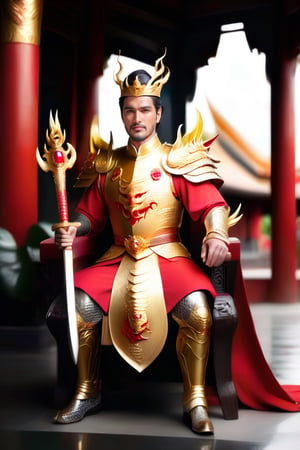 A Handsome Vietnamese King, dragon gold crown with a big red ruby stone in the middle of crown, Amor Suit in Titanium, big long axe left hand, Sitting at his thousand sword king chair. Red Cartpet, 2 knight bodyguard. 16@f5.6, Canon 5D Mark 4, High details, Hyper Resolution, Eyes High Detail.