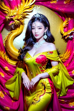 A captivating portrayal of a 28-year-old Vietnamese woman is depicted in this beautiful artwork. She is dressed in a black ao dai, elegantly displaying a vibrant mix of red and yellow phoenix dragon patterns. This high-quality photograph beautifully captures every intricate detail, immersing the viewer in the enchanting charm of the young woman and the cultural significance of her outfit.,Ao dai hoa tiet