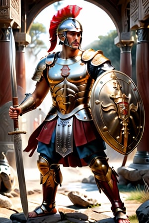 Incredibly detailed and lifelike, this fullbody portrait depicts a Roman Centurion 20 year,brandishing a sword and shield. The image, perhaps a hyper-realistic painting or photograph, showcases the warrior's immense strength and skill. Every element is meticulously rendered, from the intricate patterns on the warrior's armor to the weathered texture of the sword and shield. The artist's exceptional talent brings the entire scene to life, capturing the intensity and bravery of this historic figure.