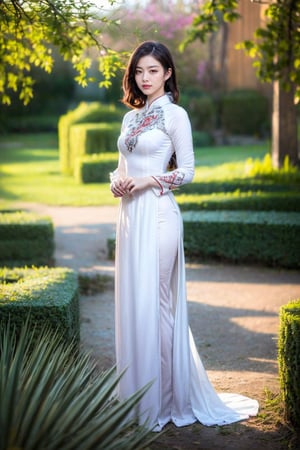 beautyful girl in white ao dai,beauty euroasia face, standing outdoors amidst ethereal lighting. She is wearing a long, white dao dai with intricate designs. She is standing in an outdoor setting that appears to be a garden or forest, with trees and rocks visible in the background. Ethereal beams of light filter through the trees, casting an otherworldly glow on the scene. There's a mystical or serene atmosphere created by the combination of natural elements and lighting.