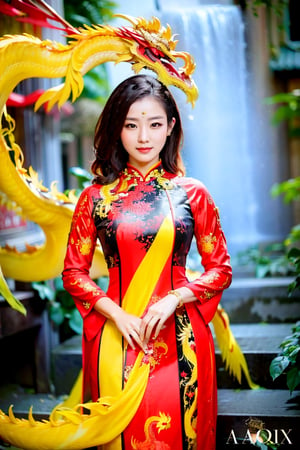 A captivating portrayal of a 28-year-old Vietnamese woman is depicted in this beautiful artwork. She is dressed in a black ao dai, elegantly displaying a vibrant mix of red and yellow phoenix dragon patterns. This high-quality photograph beautifully captures every intricate detail, immersing the viewer in the enchanting charm of the young woman and the cultural significance of her outfit.