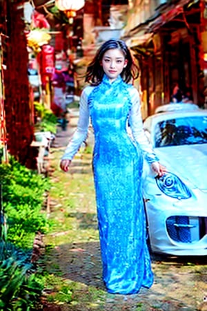 A stunning Vietnamese teenager, her age being 17, stands elegantly beside a sleek Porsche Cayman SUV. This photograph captures her entire figure, illuminated by a flash that ricochets off the ceiling, generating soft and diffused lighting. She joyfully gazes at the camera, radiating genuine happiness. The photograph was taken using a Sony A7R5 camera with a Zeiss 85mm lens set at a wide aperture of f/1.4. The image showcases impeccable clarity and detail, the fine craftsmanship highlighting every aspect of her beauty.,aodai,AoDai