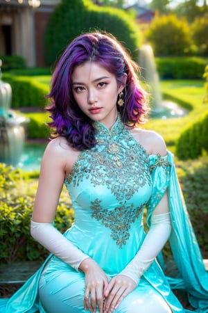 A stunning 8k super high quality photograph captures the essence of a mesmerizing Vietnamese girl, age 21, with striking shoulder-length silver-purple hair. Her allure is enhanced by a moderate chest and she is adorned in an exquisitely embroidered, royal-like ao dai, featuring a resplendent golden phoenix design. This visually captivating image engulfs viewers with its breathtaking attention to detail and flawless composition.