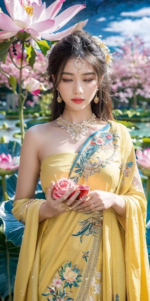 A breathtakingly vivid oil painting portraying a person exquisitely adorned in intricate traditional attire. This captivating individual, gracefully holding a delicate lotus flower, exudes an air of tranquility and wisdom. The meticulously crafted golden dragon, elegantly intertwined with the figure, adds a touch of majestic awe. Every brushstroke is orchestrated with masterful precision, enhancing the image's remarkable quality.