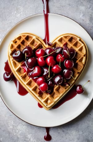 Food photography, Heart-shaped waffle with cherries and sauce