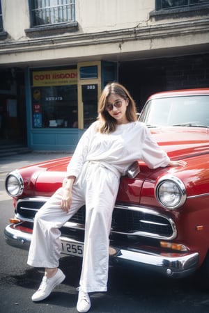 1 old red vintage car (1 car) . 1 girl , space and time , Photo of a woman, whitelight,kodak portra , long_hair , , white_clothes , beautiful_women , realistic ,Extremely Realistic,xxmix_girl , ,FilmGirl