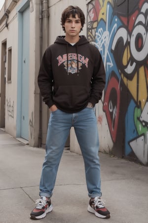 detailed face, standing,male, full body, solo, Tightly curled brown hair; deep brown eyes; American with Italian heritage; athletic body type; 19 years old; dressed in baggy jeans, a hoodie emblazoned with graffiti art, and colorful sneakers.
