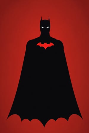 the black silhouette of the batman in front of a red background, with cape, in the style of movie poster, stark minimalism, symmetry, silhouette