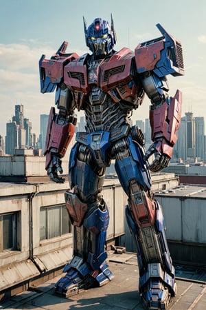 (analog photo:1.5), Optimus Prime, standing on a rooftop, full body shot, cyberpunk aesthetic.,more detail XL