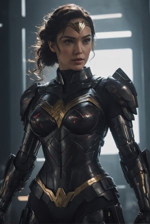 Wonder Woman from DC Comics. mecha robo soldier character, anthropomorphic figure, wearing futuristic black soldier armor and weapons, reflection mapping, realistic figure, hyperdetailed, cinematic lighting photography, natural lighting on suit, By: panchovilla, mecha, cyborg style,Movie Still,cyborg style