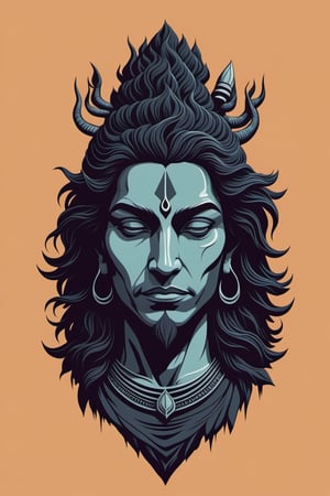A minimalist t-shirt design with a vintage touch, featuring a sleek and stylish Lord Shiva close-up face silhouette in muted, charming and dark colours.,,<lora:659095807385103906:1.0>