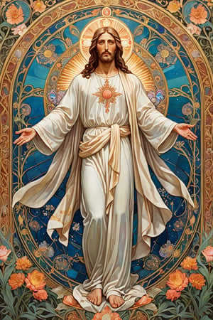 Glorious resurrection of the Savior, (stylized_artnouveau_illustration:1.2), dignified and serene Jesus rising in divine majesty, face peaceful and benevolent, ornate halo of light behind him, intricate celestial mandala patterning his flowing robes, sacred stigmata on hands and feet, the tomb opened with light pouring forth, cherubic figures observing in awe, vibrant easter colors, swirling organic compositions, delicate linework,itacstl