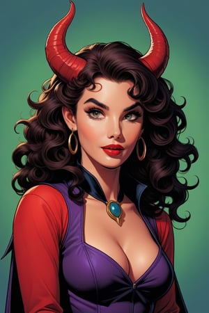 vintage comic book illustration, a female tiefling, seductive pout, sassy, cocky, curly horns, shoulder-length hair, warlock, cinematic pose, graphic illustration, comic art, graphic novel art, vibrant, highly detailed,<lora:659095807385103906:1.0>