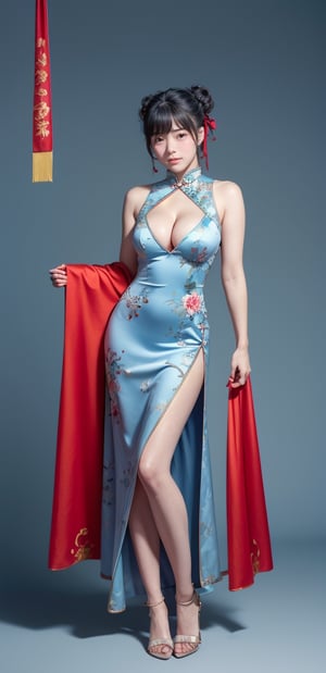 1girl,solo, full body, long hair, red pastel cheongsam dress, looking at viewer, blue background, black hair, standing, simple background, two side up, blue eyes, lips, closed mouth, red ribbon, hair ribbon, bangs, full body, entire body, parted bangs, buns, nose, big Cleavage, cerebrating chinese new year, year of the dragon,masterpiece