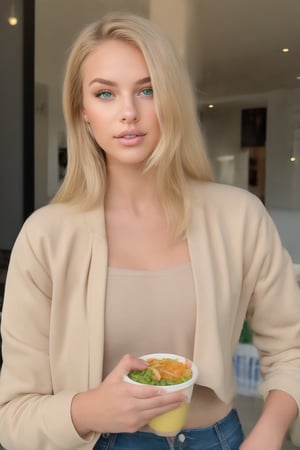 young American woman, 23 years old, blonde hair. green eyes wearing a white sweatshirt, beige coat and jeans eating lunch
