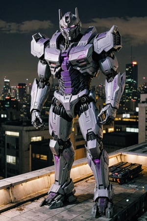 (analog photo:1.5), Megatron, standing on a rooftop, night time, full body shot, cyberpunk aesthetic.,more detail XL