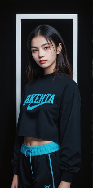 fashion advertising campaign in studio on a black background, young Korean race woman, Nike x Skepta fashion clothing, in the style of photographer Daniel Sannwald, American shot framing, blue light, Hasselblad x1d
,more detail XL,Expressiveh,xxmix_girl,concept art,Supersex