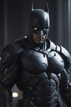 Batman from DC Comics. mecha robo soldier character, anthropomorphic figure, wearing futuristic black soldier armor and weapons, reflection mapping, realistic figure, hyperdetailed, cinematic lighting photography, natural lighting on suit, By: panchovilla, mecha, cyborg style,Movie Still,cyborg style