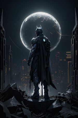 (8k masterpiece, best quality), (HDR), Craft a captivating image of Batman seamlessly integrated into the dark, gritty universe of Bungie's Destiny series. Picture the Caped Crusader in a blend of his iconic armor and Destiny's aesthetic, adorned in a black and deep red suit, standing atop the Citadel Tower in Destiny's Last City. With a brooding gaze, Batman surveys the dystopian landscape below, where the remnants of civilization contrast with encroaching darkness and the ominous presence of the Traveler. Subtle nods to Batman's world, like a Bat-signal against the nebulous sky, infuse the scene with an air of brooding intensity, capturing the eternal vigilance of the Dark Knight in a world on the brink of chaos.