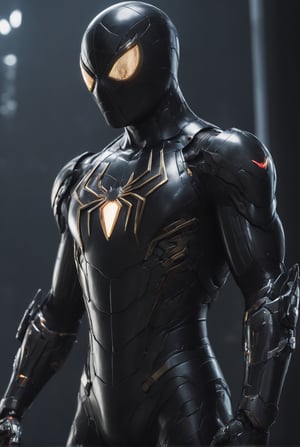 Spider Man from Marvel Comics. mecha robo soldier character, anthropomorphic figure, wearing futuristic black soldier armor and weapons, reflection mapping, realistic figure, hyperdetailed, cinematic lighting photography, natural lighting on suit, By: panchovilla, mecha, cyborg style,Movie Still,cyborg style