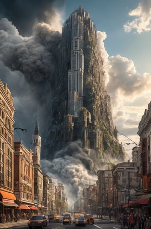 Godzilla, destroying city, epic, (cataclysmic, gargantuan, taller than buildings, oversized, gigantic:1.9), best quality, photo realistic, (intricate details), (hyperdetailed), 8k hdr, high detailed, lot of details, high quality, soft cinematic light, dramatic atmosphere, atmospheric perspective