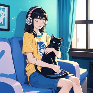 masterpiece, high quality,  (2d flat illustration), 1 woman listening to music on headphones, 23yo, wearing casual clothes with her cat on her lap