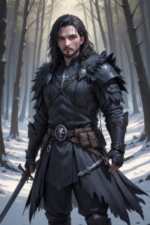 1man, Jon Snow, beard, black warrior costume, long hair, medieval forest in the background, volumetric lighting