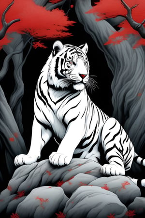 Masterpiece,a full shot of a sitting white tiger on top of a pile of red skulls behind it a beautiful female,tree highly detailed colored illustration for a tattoo,sexy body, detailed artwork, in the art style of ukiyo-e, art cover illustration, Keith Thompson art style,photorealistic
