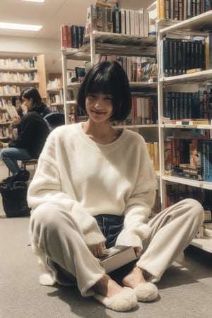 1girl, solo, short hair, bangs, black hair, long sleeves, sitting, closed mouth, indoors, blurry, slippers, oversized clothes, photo background , books in background , library 