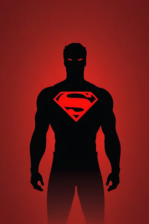 the black silhouette of Superman in front of a red background, in the style of movie poster, stark minimalism, symmetry, silhouette