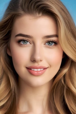 Make a face similar to Sarah McDaniel's face , close-up of a woman with  long blonde hair and big eyes, 17 years old, extremely beautiful one face,  portrait, very_big_lips, detailed , a perfect smile