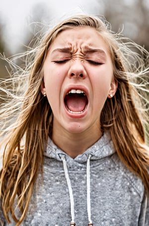 Portrait Photo screaming in pain, teenager girl, with closed eyes, beginner, super high resolution, laica chrose, upset