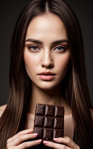 A beautiful woman holding a chocolate bar in front of her face, natural realistic colors, isolated, studio fashion photography