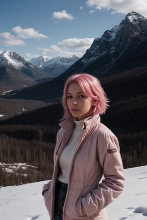 Amidst the pristine beauty of snow-covered mountains, a young woman with an air of quiet confidence poses. Her face, marked by sharp, elegant features, is highlighted by her unusual pink hair, which contrasts vividly with the white snow. She wears a well-tailored jacket that accentuates her slim figure, the classic design of the garment complementing the ruggedness of the environment. Her expression is serious, her gaze fixed on the horizon, suggesting a mind occupied with thoughts beyond the immediate landscape. The jacket, made of a thick, warm material, protects her from the chill of the mountain air, while also adding a touch of sophistication to her appearance. Around her, the mountains rise majestically, their peaks hidden by clouds, creating a sense of awe and wonder that is mirrored in her serene expression.